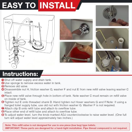Anti Siphon Toilet Fill Valve Assembly, Toilet Fill Valve Replacement Kit for Most Toilets, Excluding One Piece Low Boys, White