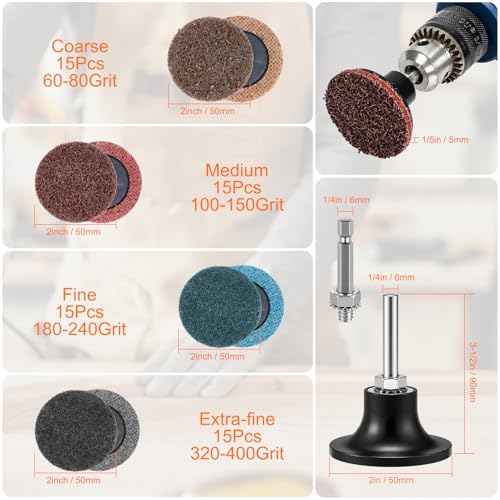 60 Pcs Quick Change Surface Prep Discs, 2 Inch 4-Grit (Coarse to Extra Fine) Aluminium Oxide Nylon Roll Lock Sanding Discs, with 1/4" Round & Hex Shank, for Die Grinder, Grinding, Polishing - color: Mix 60 PCS
