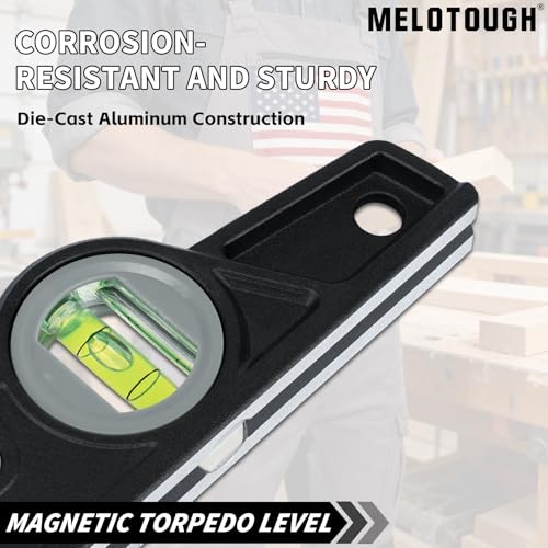 MELOTOUGH 10 Inch Die-Cast Magnetic Torpedo Level,Magnetic Level for Carpenter,Construction,Scaffolding, Plumbing Torpedo Level with Rare Earth Magnet,Pencil and Holster,Black,2PCS - color: Black-2pcs