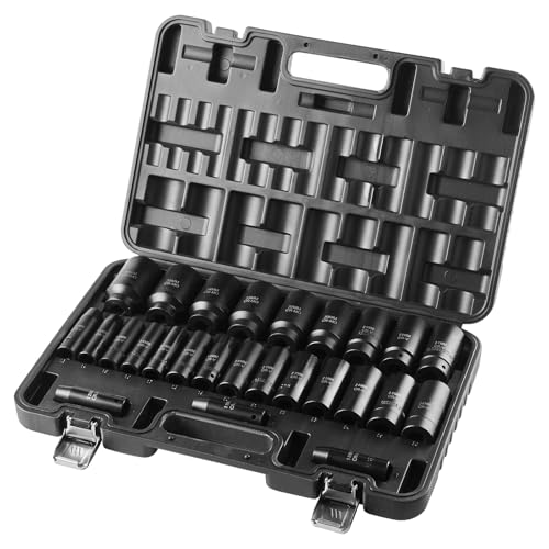 VEVOR Impact Socket Set, 26pcs x 1/2inch Metric 10mm-36mm Impact Sockets, 6-Point Deep Socket Rugged Construction High-torque, Cr-V 1/2 Inches Drive Socket Set Impact with a Storage Cage - size: 1/2" 26PCS