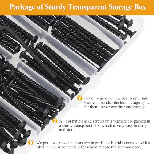 185 Pieces M4 x 30/35/40/45/50mm Button Head Socket Cap Screws Nuts Washers Set Black, Sutemribor M4 Long Screws, M4 Black Screws Nuts Washers Assortment Kit, 10.9 Grade Alloy Steel, Fully Threaded - size: M4 x 30/35/40/45/50mm Kit, style: Button Head