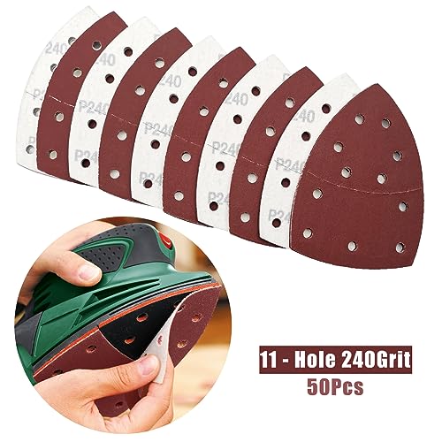 50 PCS Mouse Detail Sander Sandpaper, 240 Grit Palm Sander Sandpaper 11 Holes Hook and Loop Sander Pads Triangular Sanding Sheets Abrasive Sanding Paper for Mouse Sander - size: 240 Grit