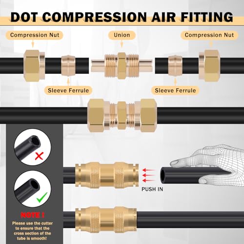 CheeMuii 72 PCS Brass DOT Air Line Fittings with 1/4" & 3/8" DOT Air Hoses - size: 2ROLL-76PCS