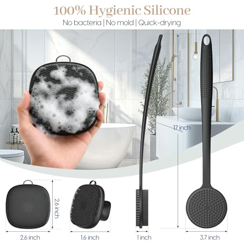 Back Scrubber for Shower & Face Scrubber, 2Pcs Silicone Exfoliating Brush Set with 17In Long Handle, Soft Body & Facial Cleansing Scrubber for Men Women - color: Back Scrubber