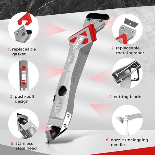 7 in 1 Caulking Tool with 5 Silicone Pads and 10pcs Caulking Tool Kit, Caulk Remover Tool with Replacement Blades and Unclogging Needle, Caulking Removal Tool for Kitchen Bathroom and Window - size: 7 in 1