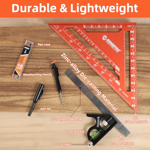 Aluminum Alloy 12in Carpenter Square and 12in Zinc-Alloy Combination Square Set, CNC-Machined with Woodworking Pencil, Carpenter Measuring Layout Tool for Woodworking and Home DIY. - size: 12+12 inch