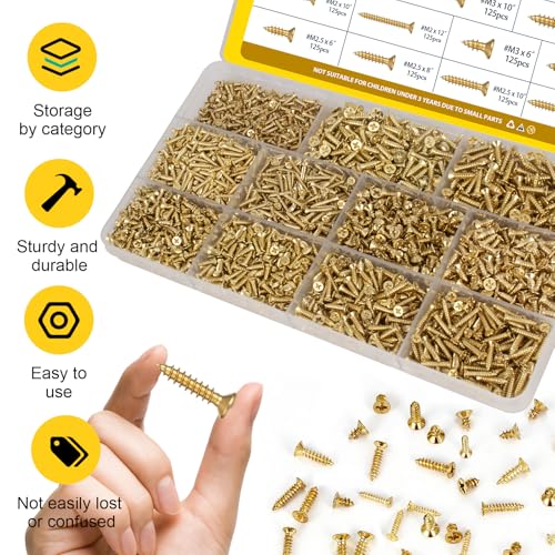 1510Pcs Wood Screws Assortment Kit, M2 M2.5 M3 Tiny Phillips Flat Head Self Tapping Screws Set, Cross Countersunk Sheet Metal Screws Assortment for Wood - size: 1510pcs M2M2.5M3 Gold