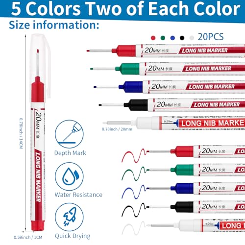 20 PCS Long Head Deep Hole Marker Pens,20mm Long Nib Marker, Longs Nose Markers, Waterproof Construction Markers Marking Tool,Permanent Markers Carpenter Ink marker Pens,Metal marking Pens - color: 20PCS-20MM-Red/Blue/Green/Black/White