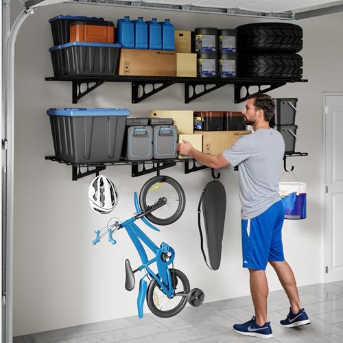 FLEXIMOUNTS 2-Pack Garage Shelving with Hooks, 2x6ft Storage Shelves, Black - color: Black, size: 2 pack-2x6 ft w/hooks