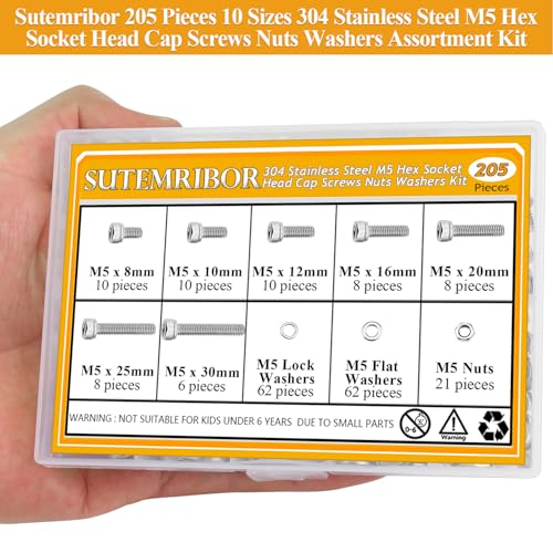 205 Pieces M5 Screws Nuts Washers Set, Sutemribor M5 x 8/10/12/16/20/25/30mm Hex Socket Head Cap Screws Nuts Washers Assortment Kit, 304 Stainless Steel, Fully Threaded - size: M5 Screws Kit, style: Socket Head