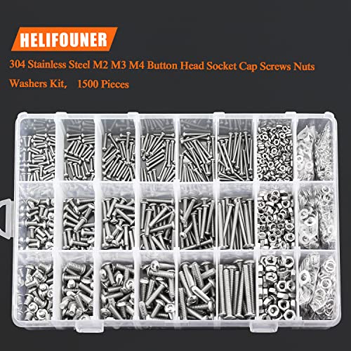 HELIFOUNER 1500 Pieces M2 M3 M4, 304 Stainless Steel Button Head Socket Cap Metric Screws Bolts Washers Nuts Hardware Assortment Kit with Hex Wrenches - style: Button Head