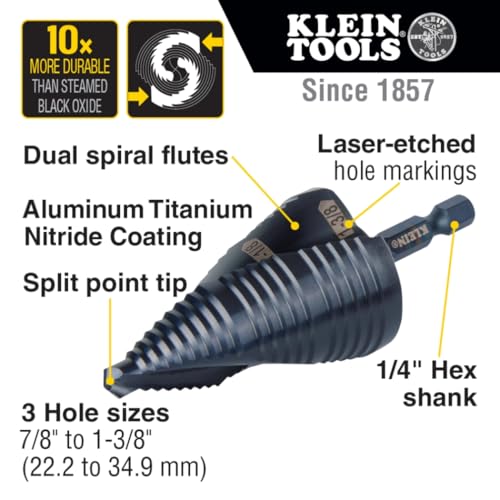 Klein Tools QRST15 Step Drill Bit, Quick Release Spiral Double-Fluted, 7/8 to 1-3/8-Inch, Hex Shank, Cut Steel, Wood, Plastic, Aluminum - size: 7/8 to 1-3/8-Inch, style: Quick Release