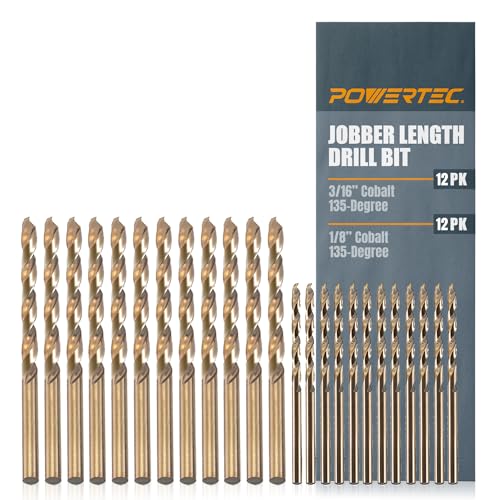 POWERTEC 1/8" & 3/16" Cobalt Drill Bits - 24 Pack - M35 HSS Jobber Length Twist Bits with 135° Tip for Drilling Wood, Metal, Stainless Steel, Nickel Alloy, Cast Iron & Plastic (QDB2105) - style: 24PK 1/8" & 3/16" Cobalt Drill Bits (M35 135°)