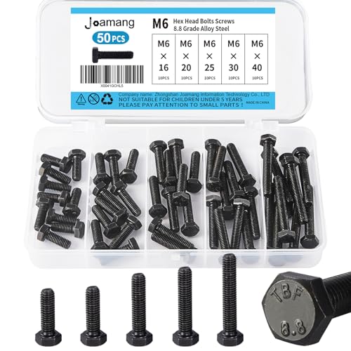 M6 x 16mm 20mm 25mm 30mm 40mm Hex Bolts, Hexagon Head Screw, 8.8 Grade Alloy Steel, Black Oxide Finish, Metric Full Machine Thread, Assortment Kit 50PCS - size: M6 x 16-40 mm(50PCS)