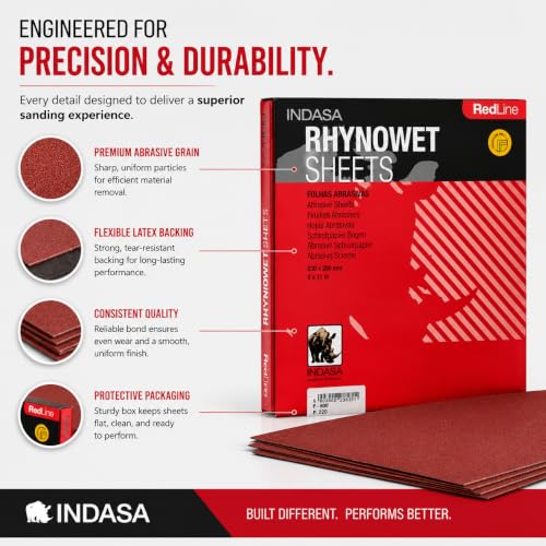 INDASA Rhynowet Red Line Wet Dry Sanding Sheets 9 x 11 Inch 80 Grit Waterproof Latex Backing Abrasive Paper for Wood Metal Automotive Surface Prep Pack of 50 - size: 80-Grit 9"x11"