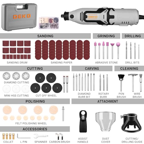 Rotary Tool Kit:DEKOPRO 1.4-Amp Power Hand Rotary Tools with 6 Variable Speed, 127pcs Accessories, 8000~35000RPM Electric Grinder Drill Machine Set with Flex Shaft for Carving, Cutting, Sanding Gray - color: Gray