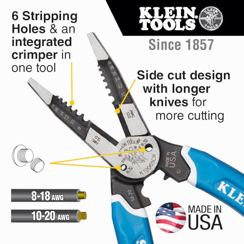 Klein Tools K12065CR Wire Stripper / Cutter / Crimper Tool, Made in USA, for Cutting, Stripping, Crimping, Twisting (8-18 AWG solid, 10-20 AWG stranded)