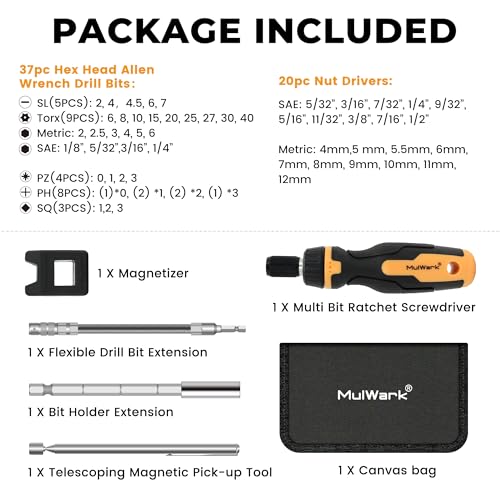 MULWARK Screwdriver Bit Set & Socket Kit, 63-Pieces Ratcheting Screwdriver Set with Case, 63 in 1 Multi Bit Screw Driver for Home DIY, Electronics, Car Emergency and Garage