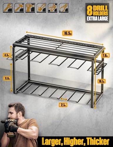 Spampur Power Tool Organizer, 8 Drill Holders Wall Mount, 3 Layer Heavy Duty Metal Storage for Garage Organization, Tools Storage with Hooks, Screwdriver Hammer Holder, Father's Day Mens Birthday Gift | Garage Organization, Tools Storage with Hooks, Screw