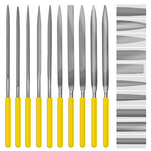 Needle File Set, 10 Pieces Hand Metal Files | Hardened Alloy Strength Steel Set Includes Flat, Round, Half-Round, Triangular, Square, Oval, Crossing, and Barrette File - color: Yellow-10pcs