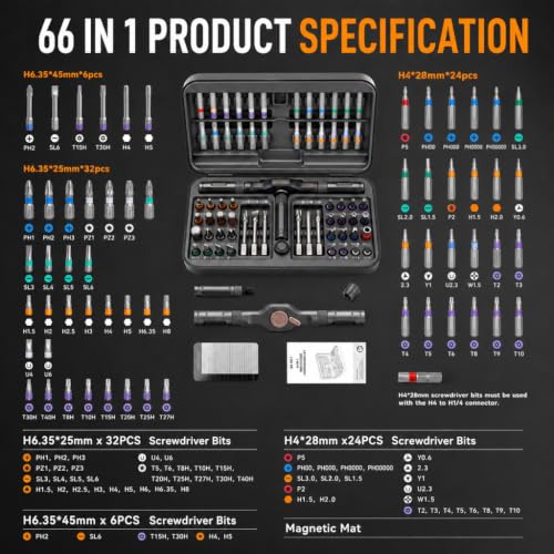 Ratchet Screwdriver Set 66-in-1 Precision Repair Tool Kit with S2 Steel Bits, T-Handle & Wrench Driver, Magnetic Case for Home DIY, Electronics, Appliance Repair - Gift for Men Husband Dad