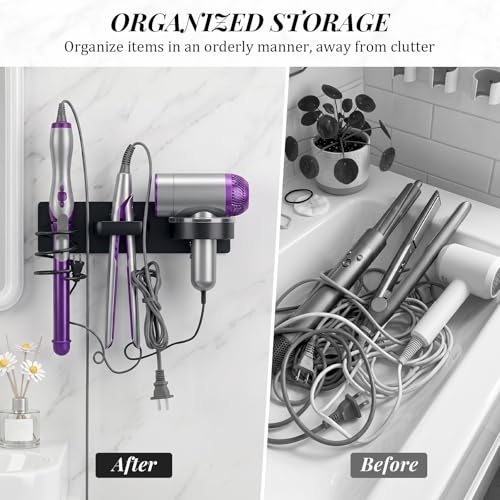 Blow Dryer Holder Wall Mounted – 3-in-1 Hair Tool Organizer Wall Mount, Curling Iron & Flat Iron Storage Rack | No-Drill or Screw-In | Fits Most Styling Tools | Space-Saving Bathroom Organizer - style: Black Circle style