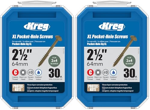 Kreg SML-C2X250-30 Protec-Kote Pocket Screws, 2-1/2 Inch #14 Coarse Thread, Maxi-Loc Head (30 Count) (Pack of 2) - size: Pack of 2