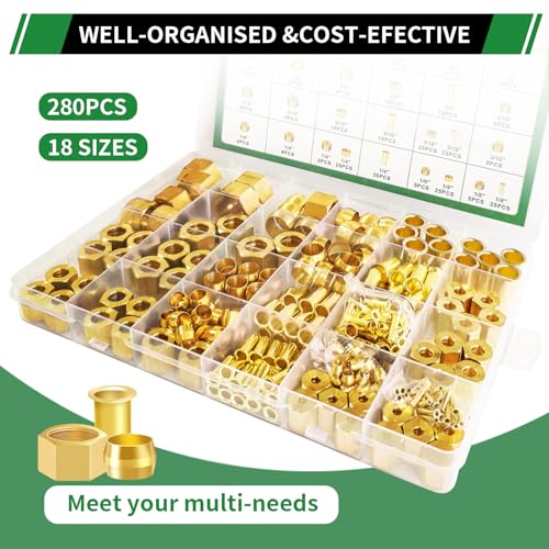 280pcs Brass Compression Sleeves Ferrules Inserts Nuts Fittings Kit - color: 280PCS Brass Compression Sleeves Ferrules Inserts Nuts