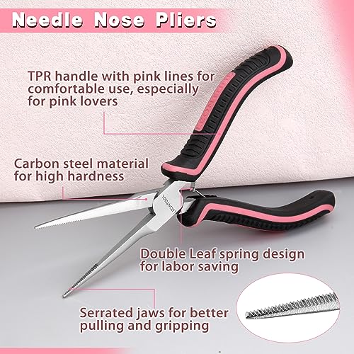 6 Inches Small Needle Nose Pliers for Jewelry Making Serrated Jaws Mini Extra Long Needle Nose Pliers with Spring, Tiny Precision Jewelry Making Supplies for Gripping, Pink Tool for Women - style: Needle Nose Pliers Serrated Jaws