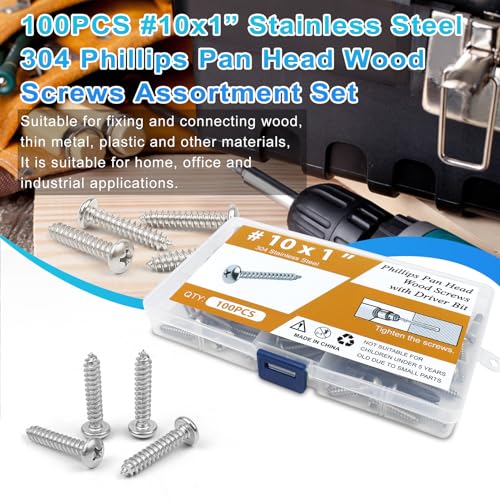 100PCS #10 x 1 Wood Screws, Pan Head Stainless Steel Sheet Metal Screws, Fast Self Tapping Screws for Deck Drywall Concrete Screws with Screwdriver Bit - style: Silver #10X1" Pan Head 100PCS