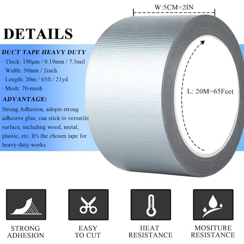 3pcs Duct Tape Heavy Duty for Ductwork Repair - 65 FT*2 Inch*190μm, 70Mesh - size: 3 Rolls, 2" x 21 Yds