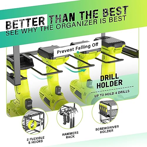SUNALLY Power Tool Organizer, Heavy Duty Iron, 3 Layers Storage Rack with 4 Drill Holders, Floating Tool Shelf Wall Mounted, Matte Black, Work Shop, Garage, 150Lbs Load Capacity - style: 4 Drill Holders A