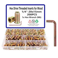 200pcs Threaded Inserts for Wood, 1/4"-20x15mm Screw in Nut with Hex Wrench - size: 1/4"-20 x 15mm