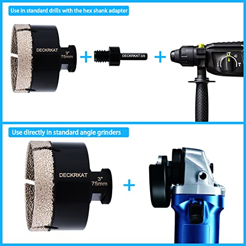 Diamond Hole Saw, 3" Hole Saw for Tiles Granite Marble Ceramic Glass Porcelain, 75mm Core Drill Bit with 5/8-11 Thread and 3/8” Hex Shank Adapter for Angle Grinders & Drills - size: 3"(75mm)