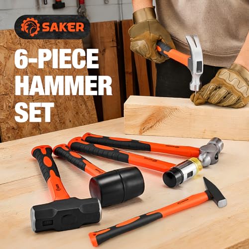 Saker 6-Piece Hammer Set, 3lb Sledge Hammer,16oz Rubber Mallet, 16oz Ball Peen Hammer & Claw Hammer, 14oz Double-Faced Mallet, 7oz Cross Peen Hammer for Home Repair & DIY Projects - size: 6 Piece