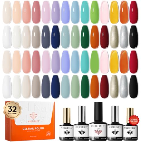 modelones Gel Nail Polish Set Nude Glitter 32PCS 28Colors Pink Blue Green - color: A2-Mild Palette