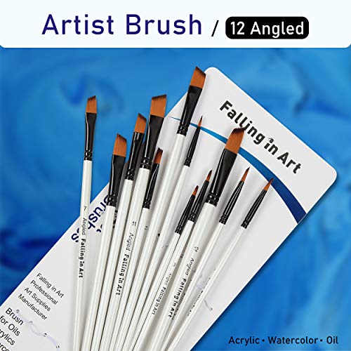 Falling in Art 12 PCS Professional Angled Paint Brushes Set - size: 12 Pcs Angled Nylon