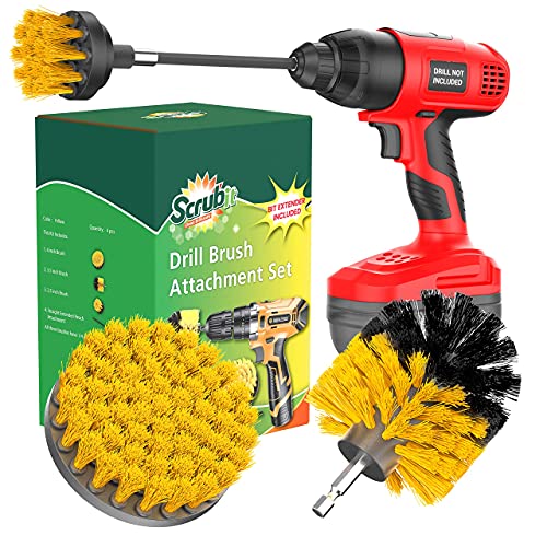 SCRUBIT Drill Brush Attachment Set - Power Scrubber Tile and Grout Tool - Use for Kitchen, Shower, Bathtub and Floor Surface - All Purpose Household Cleaning Kit Includes 3 Brushes with A Bit Extender