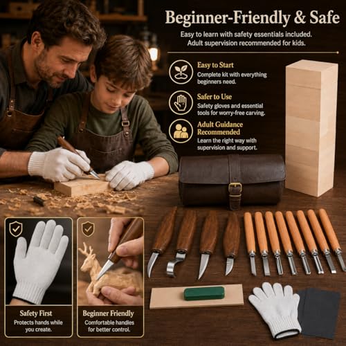 26Pcs Deluxe Wood Carving Kit, Whittling Knife Set with Leather Storage Case, Basswood Blocks & Safety Gloves, Woodworking Tools for Beginners Adults Kids, DIY Craft Gift for Men Teens