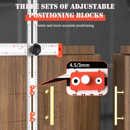 4-in-1 Drilling Positioning Locator, Adjustable 13.78in Multifunctional T Square Ruler, Cabinet Hardware Jig, Marking Gauge Tools for Woodworking, Cabinet Drawer Door Hole Drilling Template