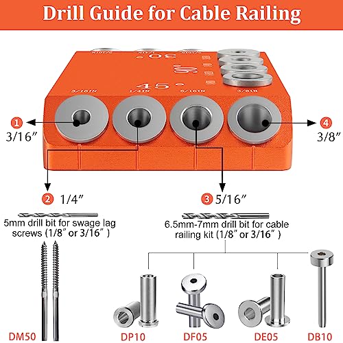 Aluminum Drill Guide Jig 30 45 90 Degree Angle 4 Sizes with 6" F Clamp for Angled and Straight Holes, Portable Durable Cable Railing Drilling Template Block for Deck Stair Handrail DG12 - size: With F clamp