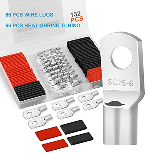 132PCS 4 6 8 10 Gauge Copper Lugs,Battery Cable Lugs,Wire Connectors - color: 4-10AWG(Tinned Copper)