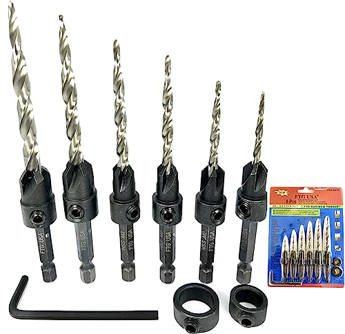 FTG USA 6 Pc Wood Countersink Set #4#6#8#10#12#14 w/ 2 Depth Stop Collars - size: #4#6#8#10#12#14, style: with Depth Stop
