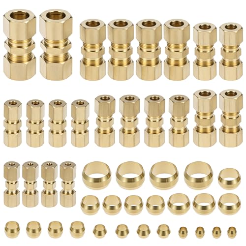 QWORK 46pcs Brass Compression Tube Fittings, 1/8" 3/16" 1/4" 5/16" 3/8" 1/2" OD Straight Union Coupling Assortment Kit for Truck Airlines