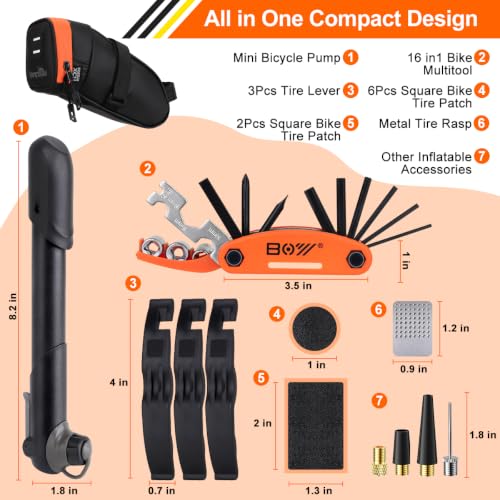 Bicycle Saddle Repair Bag with Tire Patch and Inflate Pump - Portable Travel Emergency Tool Kit, Bike Accessories for Adult Bikes with IPX4 Waterproof