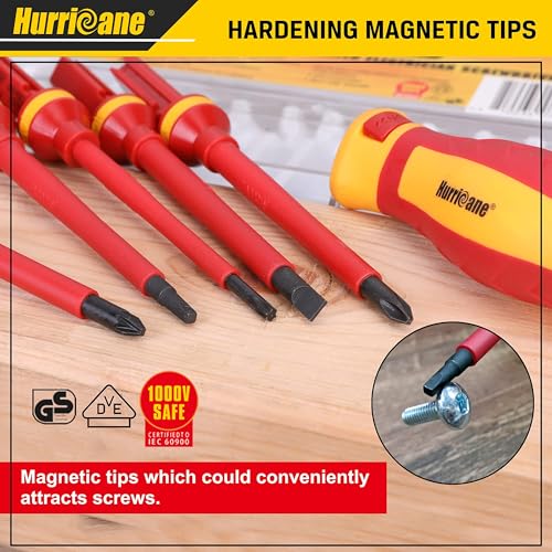 HURRICANE 1000V Insulated Screwdriver Set, 15 Piecse Professional Insulated Electrician Screwdriver Set, CR-V Magnetic Tips, Square(Robertson) Phillips Slotted Pozi Torx Insulated Electrician Tool Kit - size: 15-Piece Complete Insulated Screwdriver Set