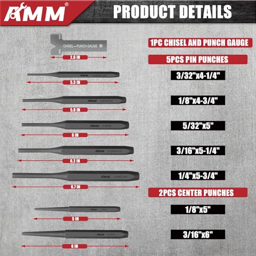 AMM 16PC Heavy Duty Punch Chisel Set, Cr-V for Metal Wood Automotive - size: 16PC