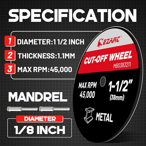 EZARC 1-1/2 Cut Off Wheels, 1.5" x 1/8" Fiberglass Reinforced Rotary Tool Cutting Disc Accessories Include Mandrels, 32-Pack
