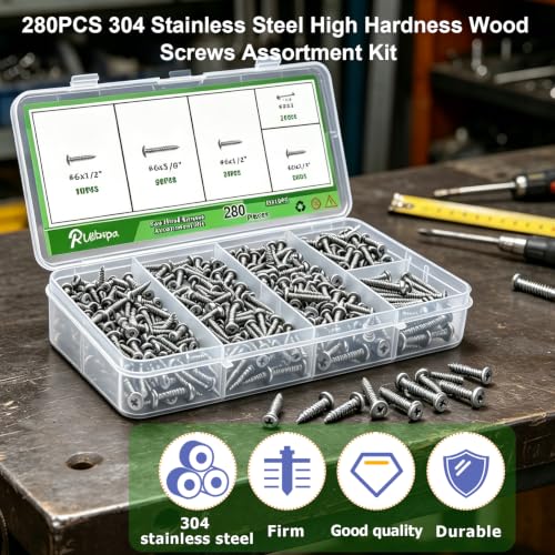 280Pcs Pan Head Wood Screws Assortment Kit,304 Stainless Steel Self Tapping Wood Screws #6/#8 Screw Kit,Round Head Screws Phillips Drive, Sheet Metal Screws - size: 280PCS-SV