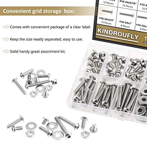 152 Pieces #10-24 x 1/4", 5/16", 3/8", 1/2", 5/8", 3/4", 1", 1-1/4", Button Head Socket Cap Screws Nuts Washers Assortment Kit, 304 Stainless Steel, Fully Machine Thread - size: #10-24, style: Button Head